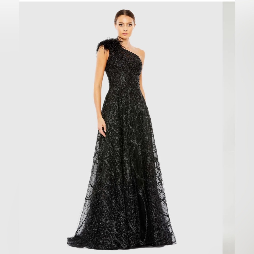 MAC DUGGAL Feather Embellished One Shoulder A Line Gown 20389 Size 0 $798